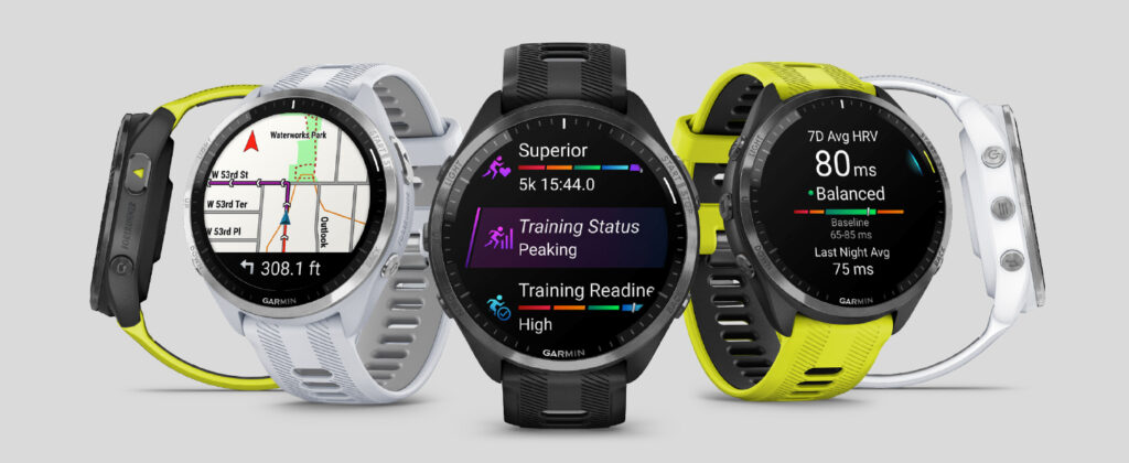 Five Garmin Forerunner running watches arranged side-by-side